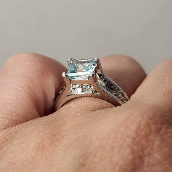 VTG 18K 925 Natural Square Princess Cut Swiss Blue Clean Thick Band Ring Sz 5 - Picture 14 of 16